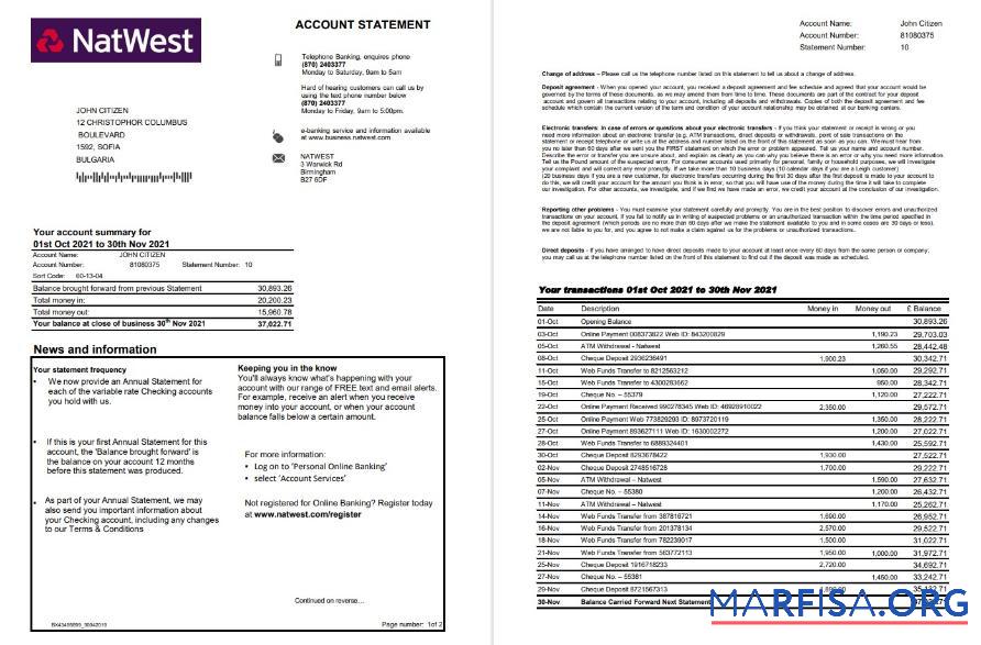 Downloadable United Kingdom NatWest bank account statement excel 2 pages download for verification